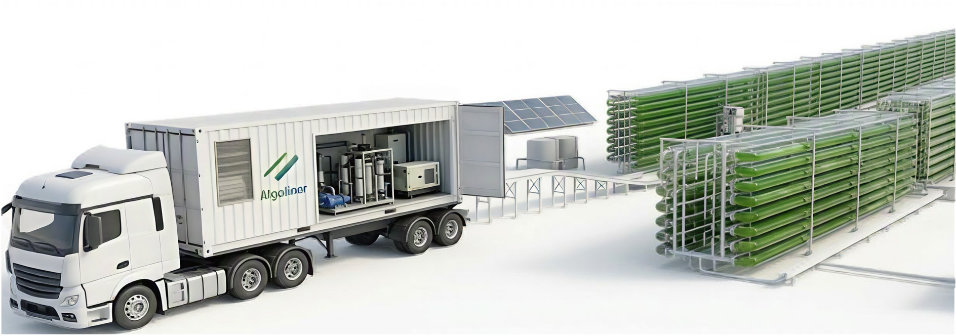 Containerised extrusion and fabrication unit delivered on a trailer, alongside assembled tubular photobioreactor racks.