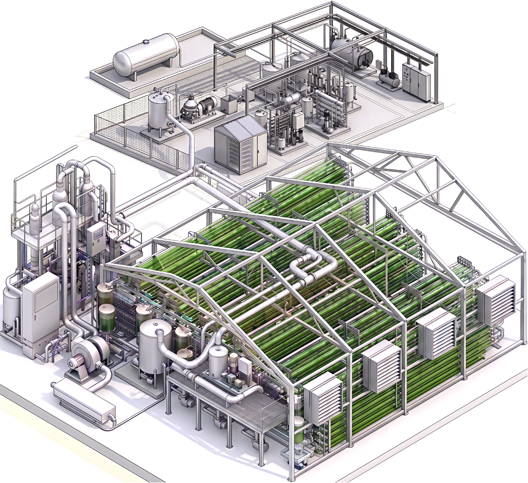Isometric cutaway of the MITRA plant: gas conditioning skid, media and carbonation vessels, tubular cultivation trains under a hall, climate units, harvest and dewatering, extraction skid, water recovery and the control cabinet.