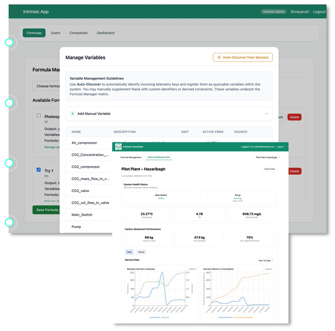 Intrinsic Pulse screens: formula manager with variable management, and a client dashboard showing system health, temperature, pH, dissolved CO2, carbon abatement and harvest charts for the Hazaribagh pilot plant.